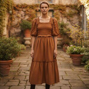 Moon River Caramel Smocked Midi Dress NWT M Puff Sleeve Square Neck Tuckernuck